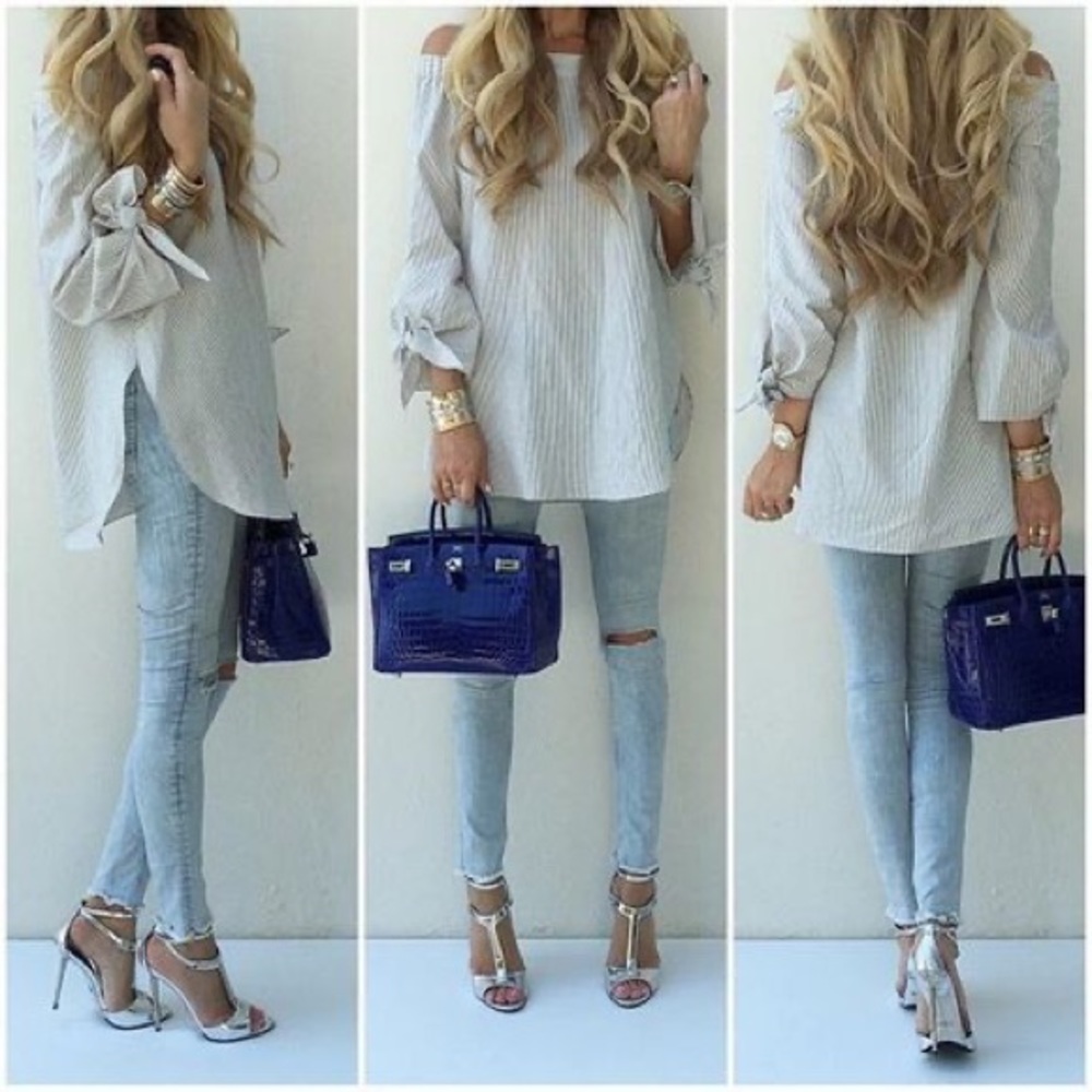 Tibi blue stripe off shoulder tie sleeve blouse